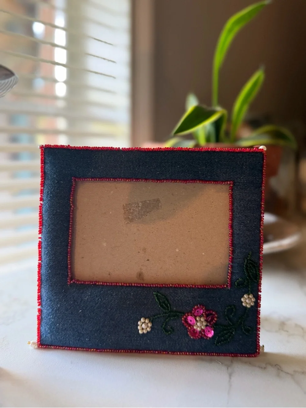 Handcrafted Blue Denim Photo Frame with Pink Beaded Flower